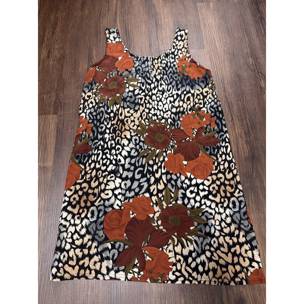 Vintage 90s Grunge Floral Leopard Print Sleeveless Dress Size Medium Made in USA